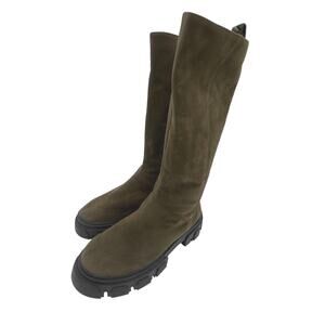 FARM Rio Army Green Knee High Boots Embroidered Chevron Sz 9.5 Vegan Suede Lug